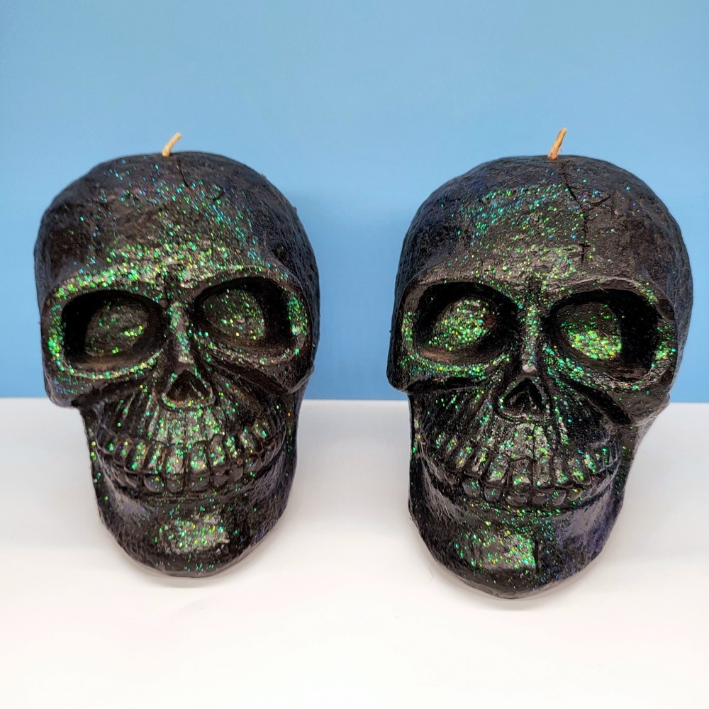 Halloween Skull‎ Candles • Glitter Skull Candle Set • Green • 4.75" • Unused 🕯